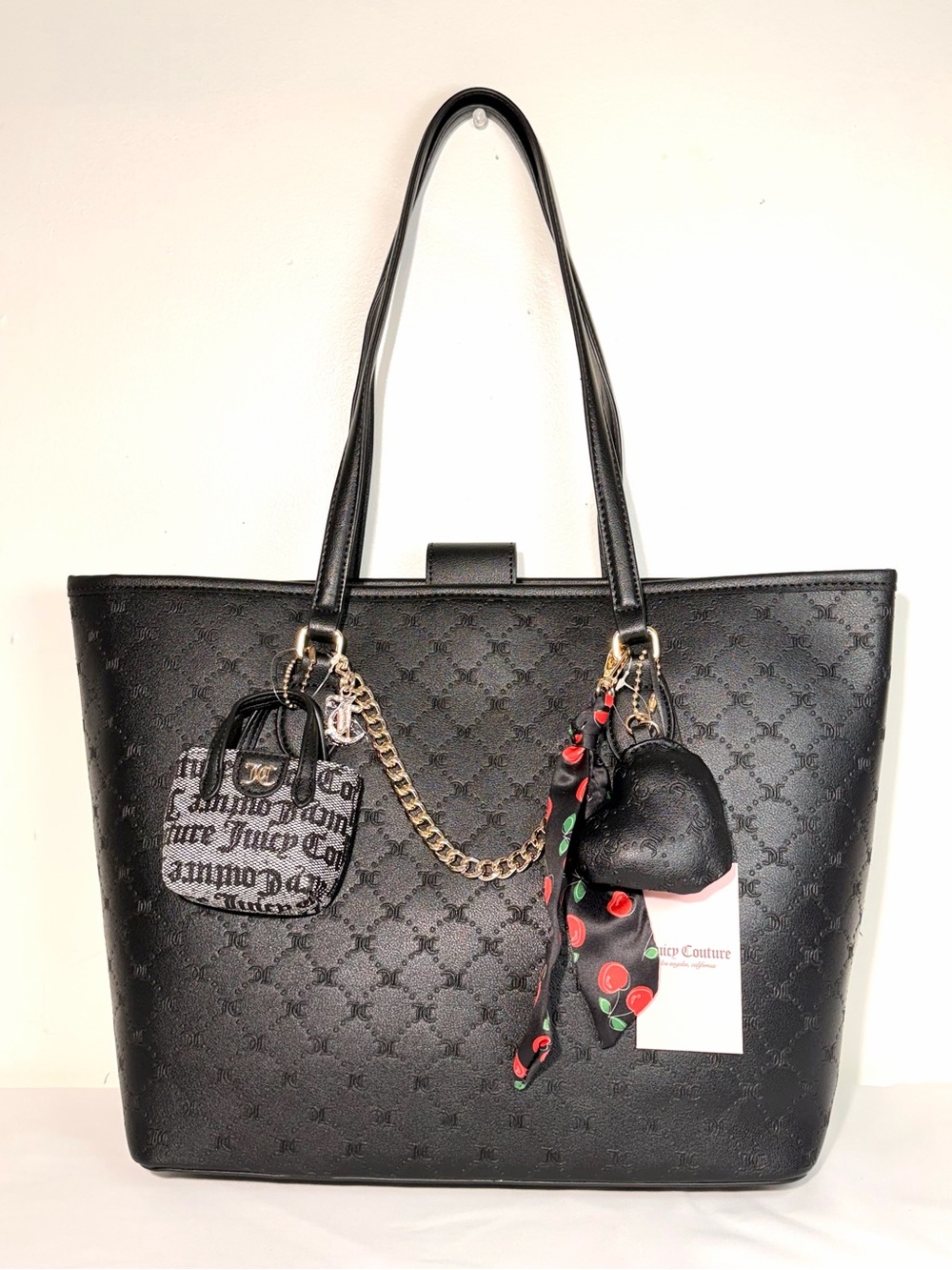 Juicy Couture Black Embossed Large Tote with Charm Chain and Scarf NWT